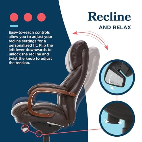 La-Z-Boy® Fairmont Big and Tall Executive Office Chair with Memory Foam Cushions, High-Back Swivel Desk Chair with Wood Arms and Base, Bonded Leather, Brown 7