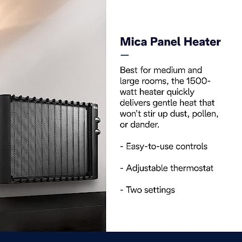 DeLonghi Mica Panel Space Heater, 1500W quiet electric space heater for indoor use, adjustable thermostat, freestanding/ easy wall mount, full room heating with built-in safety features, HMP1500 Black 2