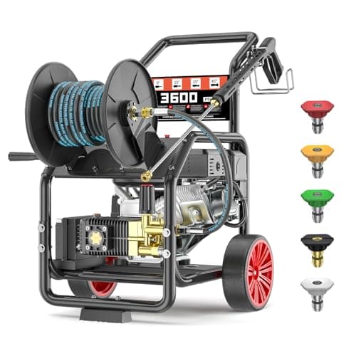 KARHDIR 3600PSI Gas Pressure Washer with Hose Reel, 3.3 GPM, One-Button Electric Start 212cc 7HP Commercial Pressure Washer with 50FT 3/8" Hose, Spray Gun & Wand, 5 Quick Connect Nozzles