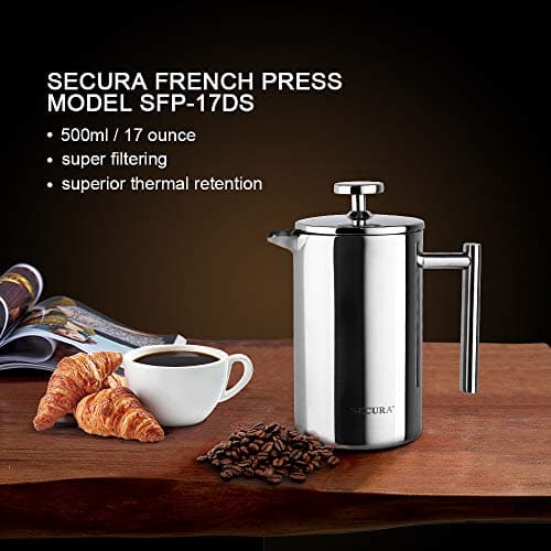 Secura French Press Coffee Maker, 304 Grade Stainless Steel Insulated Coffee Press with 2 Extra Screens, 17oz (0.5 Litre), Silver 7