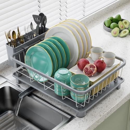 Hiviweer Dish Drying Rack - Space-Saving Dish Rack,Dish Racks for Kitchen Counter with Drainboard, Rustproof Dish Drainer with a Removable 4-Compartment Utensil Holder,Gray