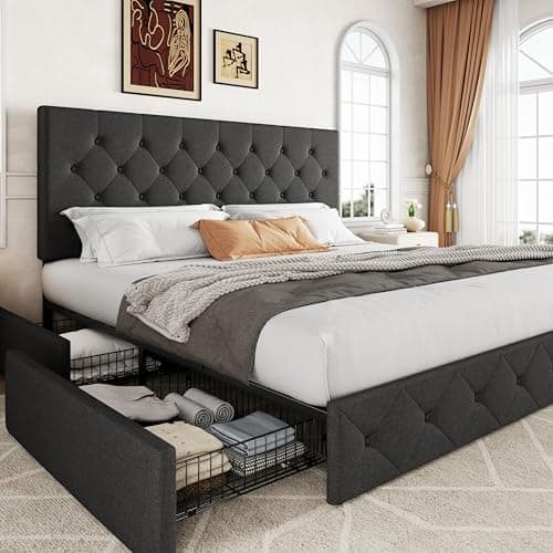 Allewie Upholstered King Size Platform Bed Frame with 4 Storage Drawers and Headboard, Diamond Stitched Button Tufted, Mattress Foundation with Wooden Slats Support, No Box Spring Needed, Dark Grey