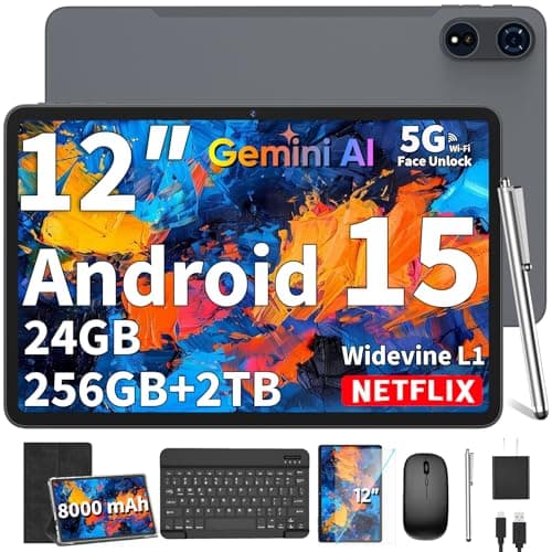 2025 12 Inch Tablet, Android 15 Tablets with Keyboard, 24GB+256GB+2TB Expand, 2K Display, Tablet PC with 5G WiFi, Octa-Core, 8000mAh, BT5.0, GMS, GPS, 2 in 1 Tablets with Case, Mouse, Stylus(Black)