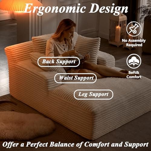 HRVEOCEI 67" Chaise Lounge Indoor, Oversized Chaise Lounge Chair with 3 Comfy Pillows for Living Room Bedroom, Wide Arms Corduroy Fabric High-Density Foam No Assembly Required (White) 5
