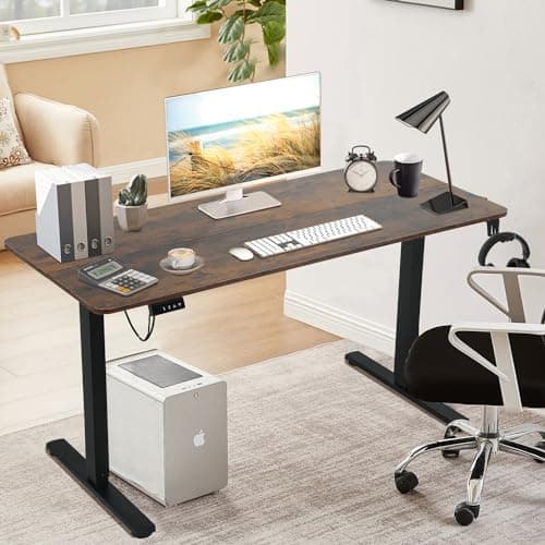 Standing Desk Table, 48 Inch Height Adjustable Electric Office Desk, Large Gaming Desk with Headphone Holder & 2 Memory Preset Controls, Wooden Computer Desk, Brown