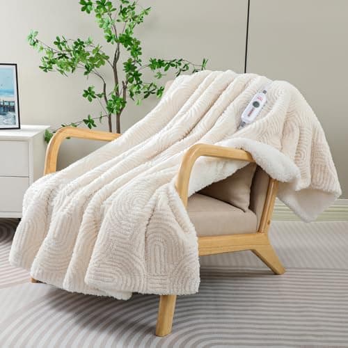 TiMiCalda Heated Throw Blanket Electric - 50"x60" Cozy Soft Jacquard Heating Blanket with 4 Heat Levels & 4 Hours Auto-Off, Electric Throw with Overheating Protection, Warm Gifts, Cream 8