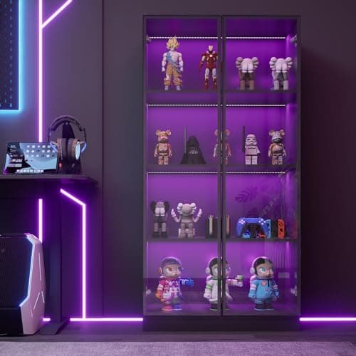 ZORPLIX Glass Display Cabinet with LED Lights, Display Case Bookcase with 4-Tier Shelves, Curio Cabinet with 2 Glass Doors, Storage Cabinet for Collectibles, Living Room 8