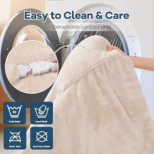 Wearable Electric Blanket with Foot Pocket and Sleeves, Heating Throw Blanket, 6 Heating Levels & Auto Shut Off, Machine Washable (Long, Beige) 7