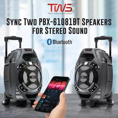 QFX PBX-61081 Rechargeable Portable Speaker | 8" Woofer | 400 Watts | Bluetooth, AUX, SD Card, FM Radio | Handle, Wheels, 12 Lbs | Perfect for Tailgating, Indoors, Outdoors Audio | Silver 6