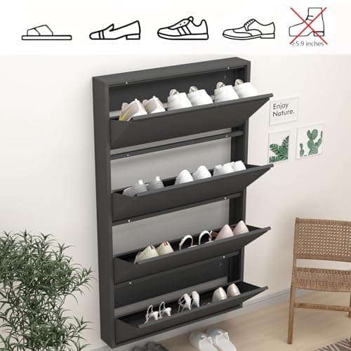 GREATMEET Black Shoe Cabinet Storage for Entryway, Narrow Shoe Cabinet for Entryway Slim, Wall Mounted Metal Hidden Shoe Organizer with 4 Flip Drawers 6