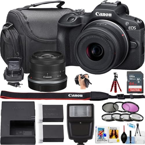 Canon EOS R100 Mirrorless Camera w/RF-S 18-45mm f/4.5-6.3 is STM Lens + Camera Case + 64GB Sandisk Ultra Memory Card + More (21 Piece Bundle) (Renewed)