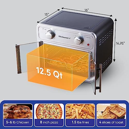 Elite Gourmet EAF1222SS Air Fryer Oven Double French Doors, Bake, Grill, Roast, Broil, Rotisserie, Toast, Warm, Air Fry, Dehydrate, 1500 Watts, with 25 Recipes, 12L. Capacity, Stainless Steel 6
