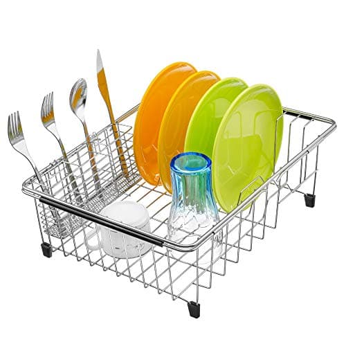 iPEGTOP Expandable Dish Drying Rack Over Sink, Rustproof Stainless Steel Dish Drying Rack Basket Shelf, Multifunctional Dish Drainer Organizer with Utensil Cutlery Holder