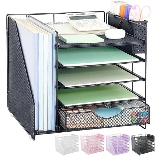 OUTIOE Desk Organizer with Drawer and Pen Holder, 5-Tier Paper Letter Tray Organizer with File Holder, Suitable for Workspace Organizer Office Supplies Storage (Black)