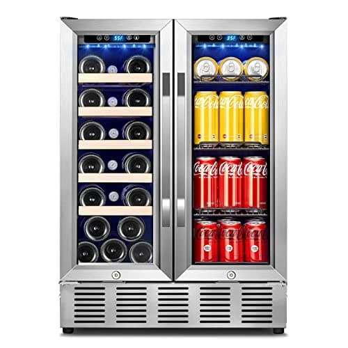 Karcassin 24 Inch Wine and Beverage Refrigerator, 2 in 1 Wine Fridge Dual Zone Stainless French Door, Built-in & Freestanding With Digital Control, Hold 20 Bottle and 66 Cans