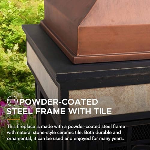 Sunjoy Outdoor Fireplace, Smith Collection Patio Wood Burning Steel Fireplace with Chimney, Spark Screen, Fire Poker, and Removable Grate, Copper with Yellow Tile 6