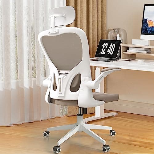 Ergonomic Office Chair,High-Back Desk Chair with 2D Headrest,Mesh Office Chair with Flip-Up Arms,Up&Down Lumbar Support,90-135° Tilt Lock Big and Tall Computer Desk Chairs for Home,Bedroom,Khaki