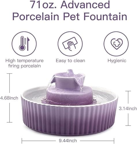 VinDox 2.1L Ceramic Cat Water Fountain-for Cats and Dogs, 360 Ceramic Pet Fountain-70 Oz Large Water Capacity - Whisper-Quiet Water Flow-Great for Shy or Timid Pets - Fresh, Filtered Water(Purple) 3