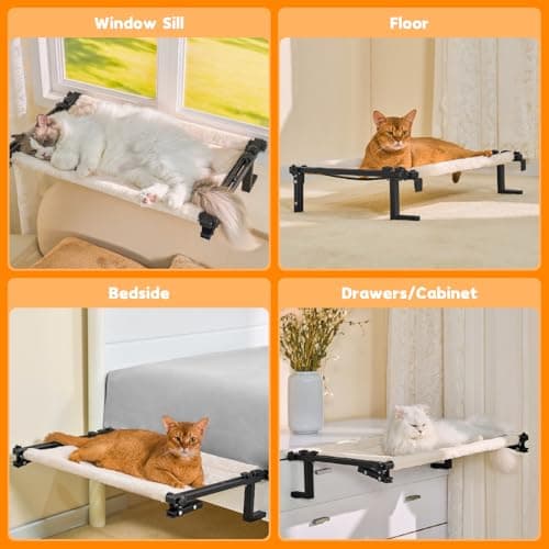 Nxwjoy Cat Window Perch Bed Cat Hammock for Window Sill Seat, 2 in 1 Adjustable Large Cats Sleeping Beds with Cushion Steel Frame Kitten Perches for Windowsill, Bedside, Floor (Beige) 6