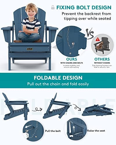 SERWALL Folding Adirondack Chairs Weather Resistant for Outdoor, Patio, Lawn, Garden, Backyard Deck, Fire Pit - Blue 5