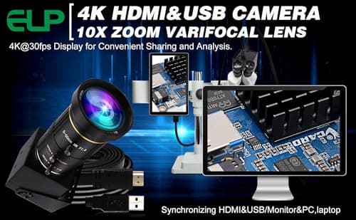 ELP 4K USB HDMI USB Camera Manual Zoom Webcam Variable Focus PC Camera Mini Close-up Camera for Computer H.264 Telescope USB Security Camera 8mp IMX415 Industrial CCTV Camera (5-50mm 10X Zoom Lens) 9