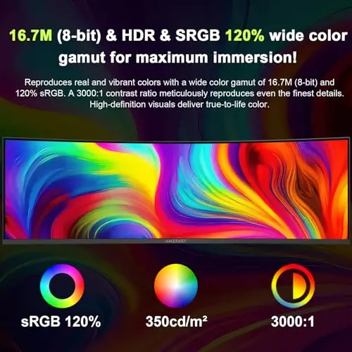 Amzfast 49 Inch Curved Monitor 120Hz DQHD 5120x1440p Ultrawide Gaming Monitor, 120% sRGB, 1500R, 1ms MPRT, HDR, Adaptive Sync, PIP/PBP, Height Adjustable, HDMI 2.0/DP 1.4, VESA 75x75, AMZG49C7U 7