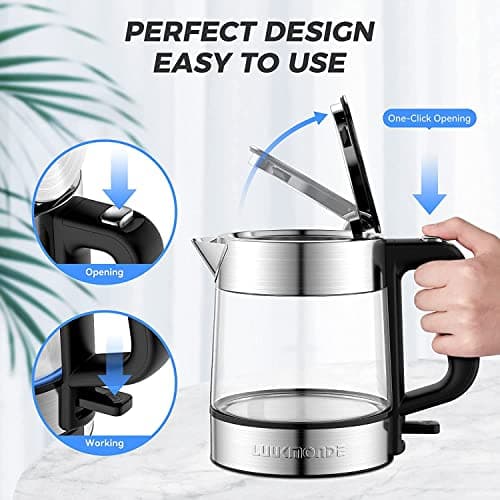 LUUKMONDE 1500W Electric Kettle, 1 Liter Glass Tea Kettle Light Weight, Cordless Water Boiler with LED Indicator, Fast Boiling Hot Water Heater Kettle, Auto-Shutoff & Boil-Dry Protection, BPA Free 5