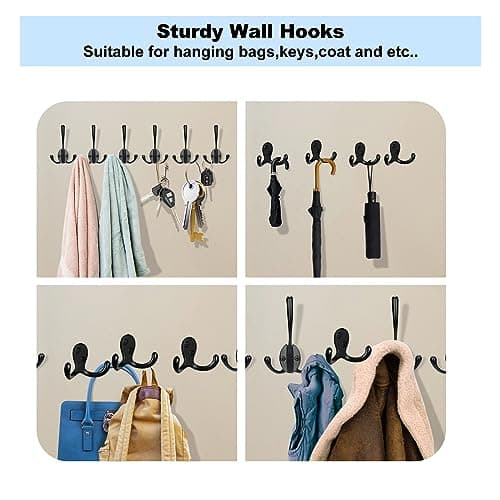 Kruodop 4 Pack Wall Hooks Wall Mounted Coat Hooks for Hanging Heavy Duty, Black Towel Hooks, Metal Double Coat Hanger with Screws Cup Retro for Coats, Handbags, Towels, Hat 6