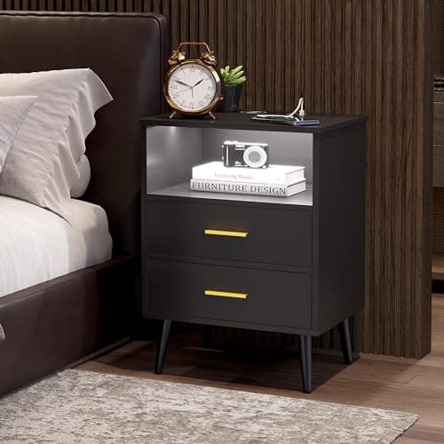 LVSOMT 20'W Fluted Nightstand, Night Stand with Charging Station and LED Lights, RFID Lock Hidden Drawer, Mid Century Morden Bedside Table for Bedroom, 2 Drawers and Open Storage Cubby, Black