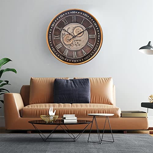 CLXEAST 24 Inch Wall Clock with Moving Gears,Oversized Large Industrial Steampunk Clock, Antique Gold Metal Roman Numeral Wall Clocks for Farmhouse Living Room Decor,Valentines Day Gifts 8