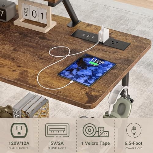 Height Adjustable Standing Desk with Power Outlets and LED Lights - 39" Manual Stand Up Desk with Monitor Stand and Storage Shelves Small Mobile Rolling Computer Desk Portable Laptop Table, Rustic 8