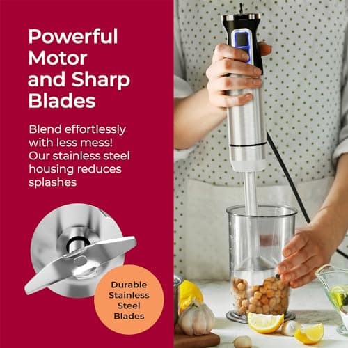 MuellerLiving Ultra-Stick Immersion Hand Blender, 500W Heavy Duty Motor, 8-Speed Turbo Setting, Includes Blending Shaft, Whisk, Milk Frother & Measuring Beaker 5