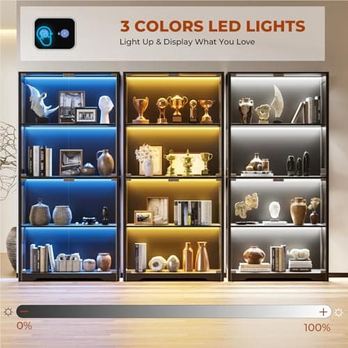 Aauro Home Display Cabinet with Glass Doors, Curio Cabinet with 3 LED Lights and Human Body Sensor, Bookcase with 4 Shelves Storage Cabinets, Black 9