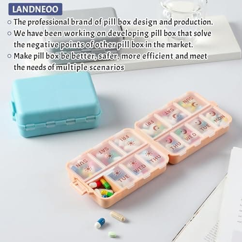 NEW Foldable & Double Protection Portable Weekly Pill Organizer 2 Times A Day with Etched Labels, AM PM 7 Day Week Medicine Box, Daily Travel Pill Case Holder Dispenser for Vitamin, Supplement - Khaki 7