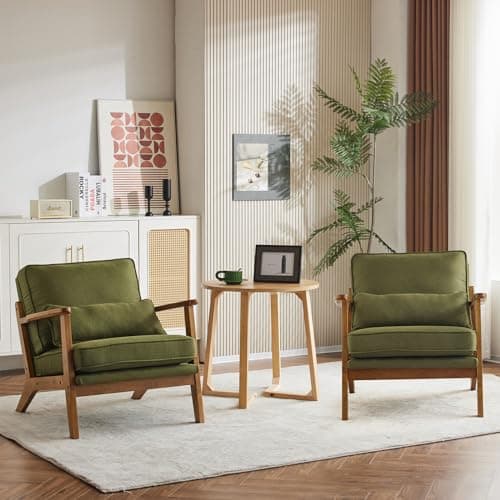 Karl home Accent Chair Wide Armrest Mid-Century Lounge Chair Linen Fabric Armchair with Lumbar Pillow & Solid Wood Frame for Living Room, Bedroom, Balcony, Green 7