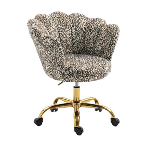ZOBIDO Comfy Home Office Task Chair with Wheels, Cute Modern Upholstered PU Seashell Back Adjustable Swivel Vanity Desk Chair, for Women,for Girls, Living Room, Bedroom（Leopard