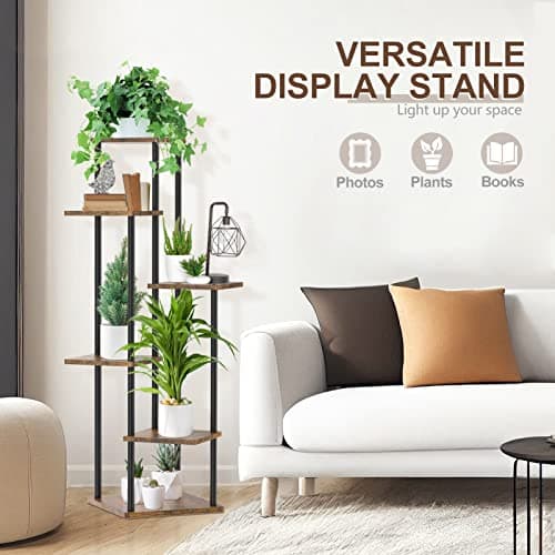 Oppro 6 Tier Tall Plant Stand Indoor Outdoor, Large Wood Metal Planter Shelf Holder for Narrow Corner, Sturdy Vertical Multiple Flower Orchid Pot Decorative Rack for House Living Room Bedroom Office, Rustic Black 6