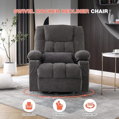 Massage Swivel Recliner Chair with Vibration Massage and Lumbar Heating for Adults,Oversized Rocker Recliner Single Sofa with Side Pocket,Two Cup Holders and USB Charge Port for Living Room 6