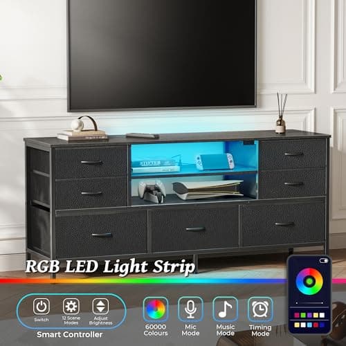 Huuger TV Stand Dresser with Power Outlets and LED Lights, 7 Drawer Console for 55 Inch TV, Black PU Leather Bedroom Dresser 5
