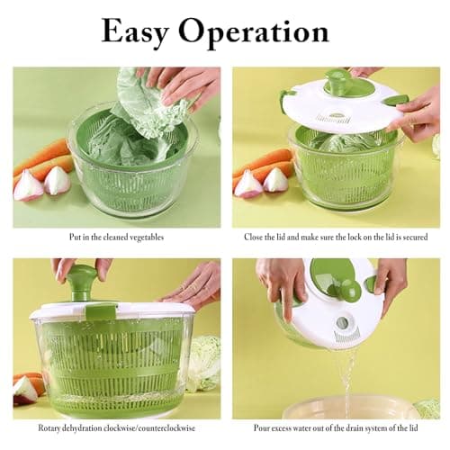 Large Salad Spinner with Lid, 5 Qt Capacity, Manual Vegetable Dryer with Double-Lock Handle, Quick and Easy Multi-Use Lettuce Spinner, Vegetable Dryer, Fruit Washer 5