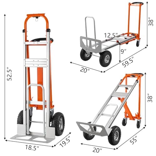 Hitgrand 3in1 Convertible Hand Truck, Aluminum Hand Trucks 880 lb Capacity, Utility Dolly Cart Converts from Hand Truck Dolly to Platform Cart 3 Positions for Transport & Moving with 10" Rubber Wheels 3