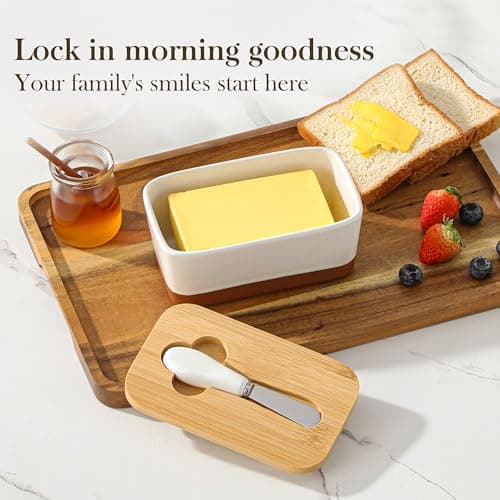 MALACASA Butter Dish with Lid, Large Butter Dish for Countertop, Ceramic Butter Keeper Container with Knife and Bamboo Lid, White, Series TARA 7