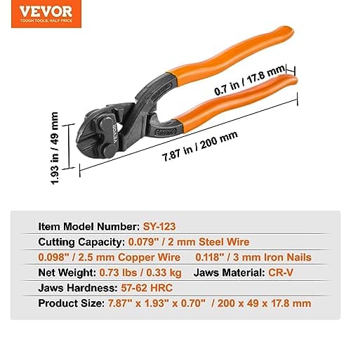 VEVOR Bolt Cutter, 8" Mini Lock Cutter, Streamlined Ergonomic Handle, Chromium Vanadium Alloy Steel Blade, Heavy Duty Bolt Cutter for Rods, Bolts, Steel Wires, Cables, Rivets, and Chains 7