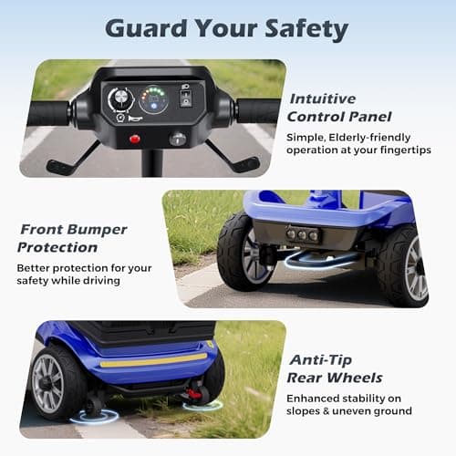 Foldable 4-Wheel Mobility Scooter for Adults – Portable Motorized Scooter with 330 lbs Capacity, Detachable Battery, Dual Baskets, Cup & Phone Holder, Blue 7