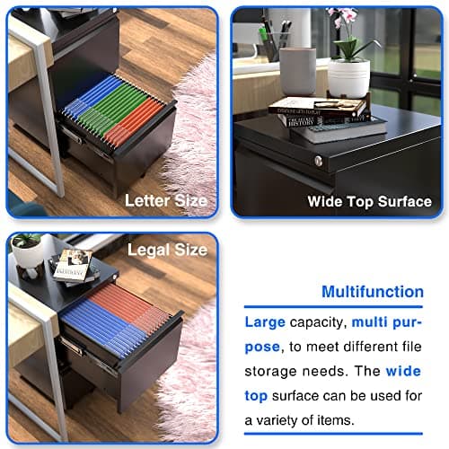 METAN Fully Assembled 2 Drawer File Cabinet with Lock, Mobile Under Desk Filing Cabinet for Office Legal/Letter Size, Pre Assembled Except Wheels,Black 6