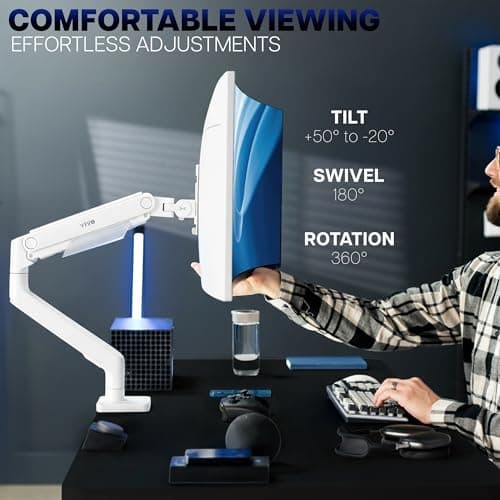 VIVO Heavy Duty Aluminum Ultrawide Monitor Tension Arm for up to 49 inch Screens, Holds 44 lbs, Premium Desk Mount Stand Designed for Samsung Odyssey G9 and More, White, STAND-V101VW 5
