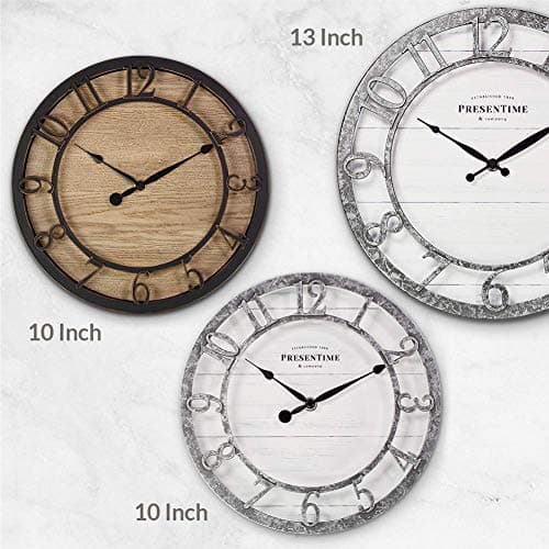 Presentime & Co 10" Farmhouse Series Wall Clock, Quartz Movement, Shiplap Style, Raised 3D Arabic Numeral, Galvanized Finish 5