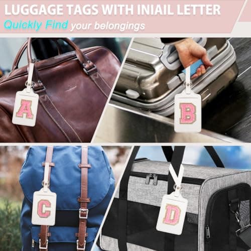 Personalized Initial Luggage Tags for Suitcases, Leather Chenille Letter Cute Luggage Tags with Privacy Name Card, Embroidered Travel Bag Backpack Tag Gifts for Women Kids Girls Teens(White-A) 5