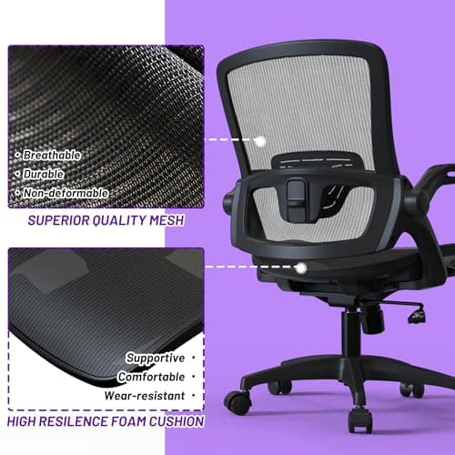 Ergonomic Mesh Seat Home Office Computer Desk Chair Height Adjustable Lumbar Support with Flip Up Arms Swivel Wheels for Adult 6