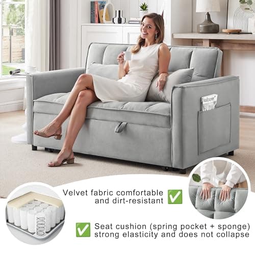 howcool 3 in 1 Convertible Sleeper Sofa Bed, Futon Couches for Living Room with Side Pocket | Adjustable Backrest | Velvet Fabric | Pull Out Couch | Small Loveseat | Sectional Sofa Bed, Grey 7